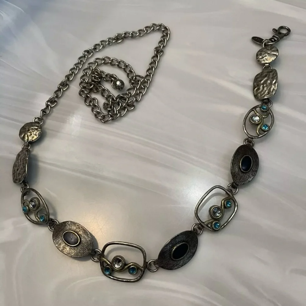 Chico’s chunky silver chain link Belt with Colored jewels adjustable 50inch OSFM - Picture 5 of 13